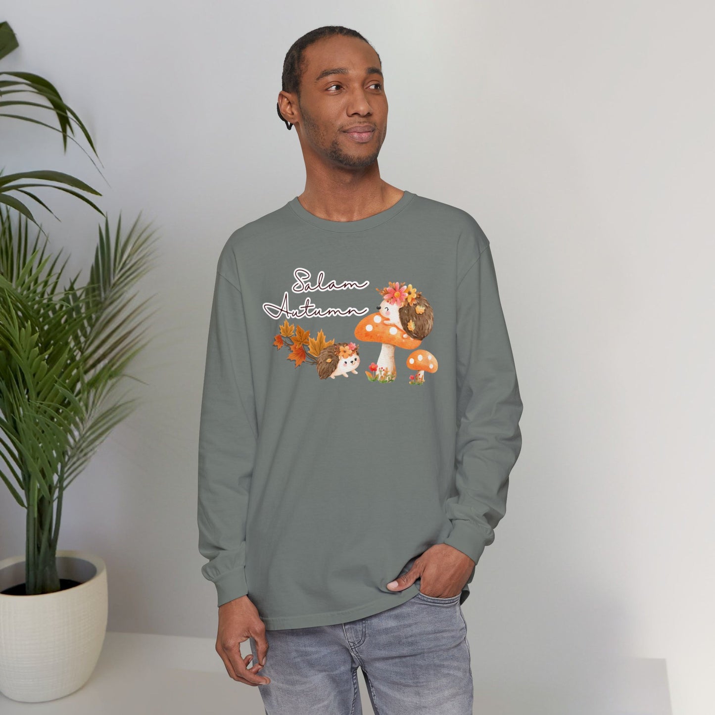 Salam Autumn Cute Hedgehog Mushroom Graphic Long-Sleeve Tee T-Shirt - Cozy Autumn Cute Hedgehog Mushroom Graphic Unisex Long-Sleeve Tee