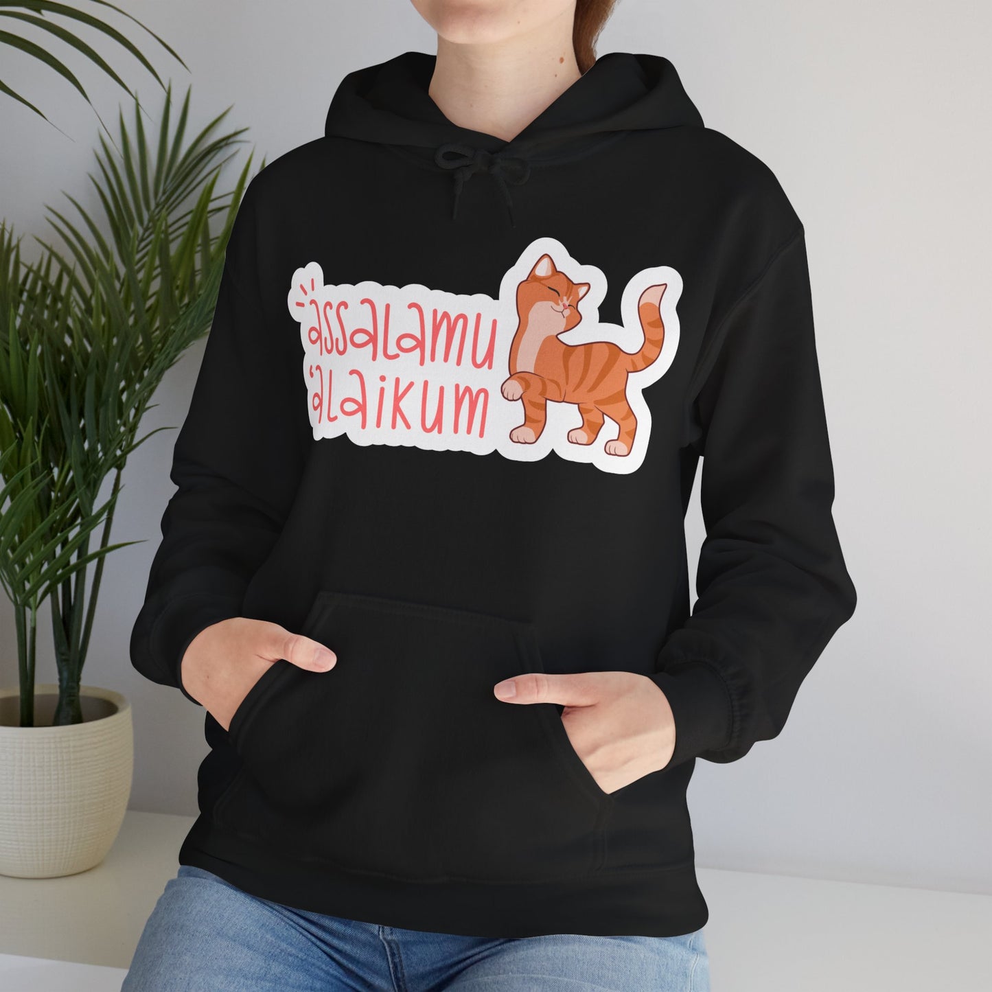 Assalamualaikum Typographic Hoodie - Cute Cat Smug Graphic Cozy Soft Cotton Unisex Hoodie