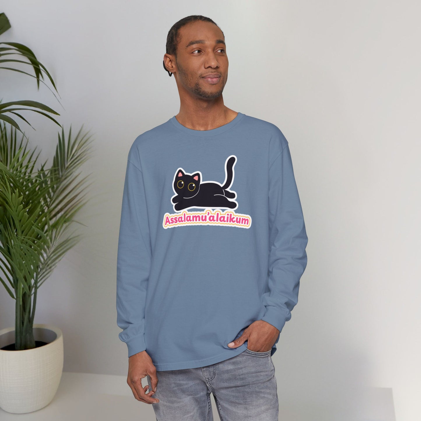 Assalamualaikum Typographic Long Sleeve Tee T-Shirt - Cute Black Cat Graphic Cozy Soft Cotton Unisex Long Sleeve Tee