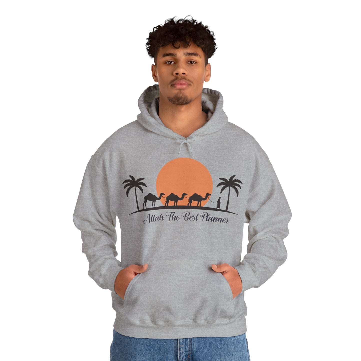 Allah Is The Best Planner Typographic Hoodie - Camel Travel in Desert Cozy Soft Cotton Unisex Hoodie