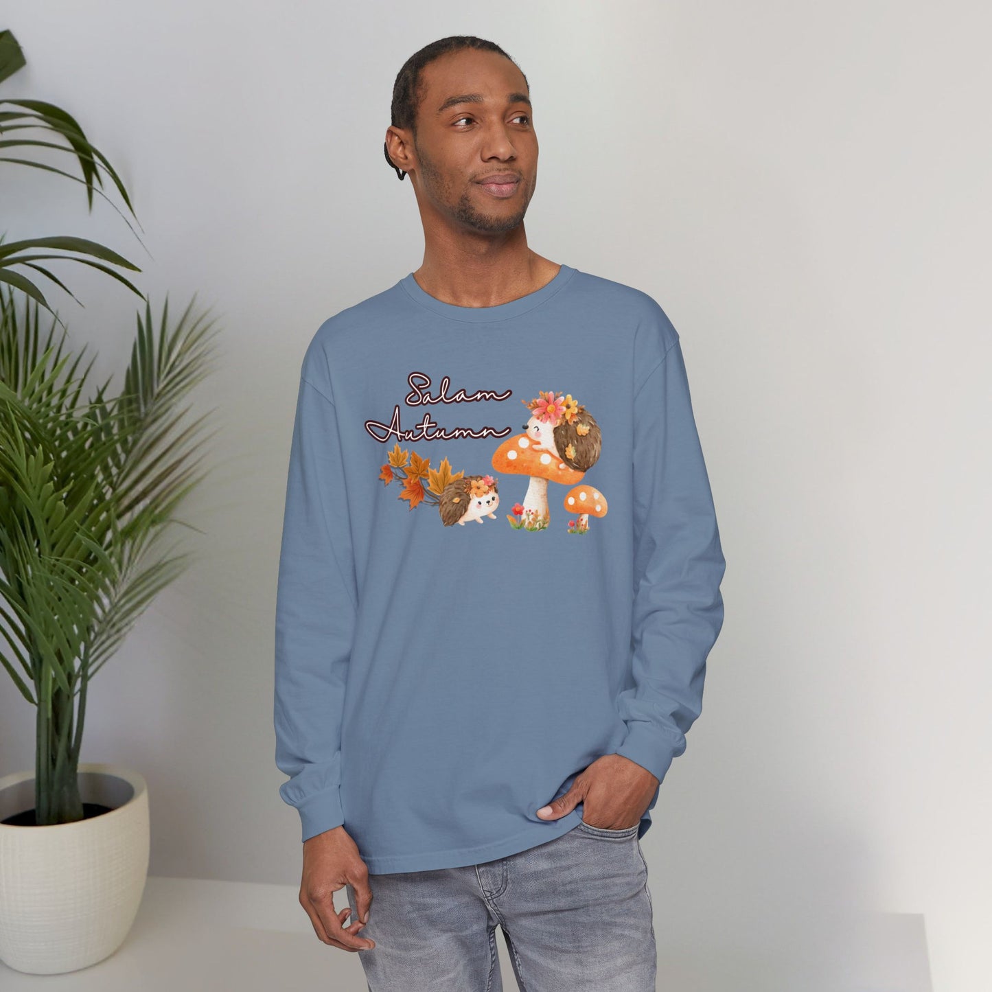 Salam Autumn Cute Hedgehog Mushroom Graphic Long-Sleeve Tee T-Shirt - Cozy Autumn Cute Hedgehog Mushroom Graphic Unisex Long-Sleeve Tee