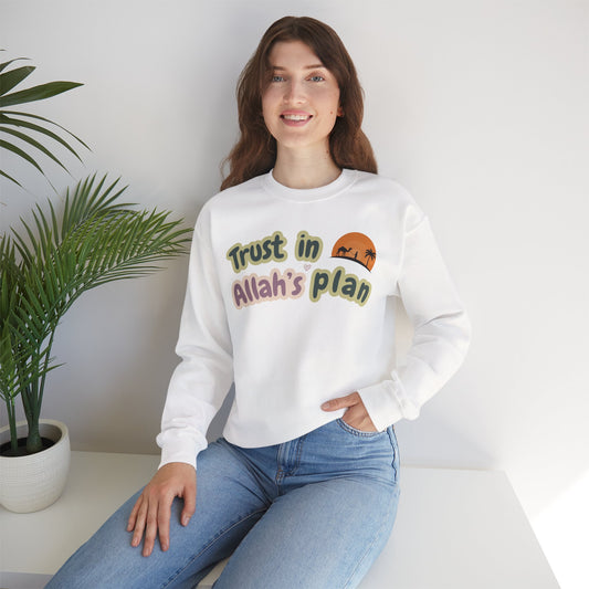 Trust in Allah's Plan Typographic Sweatshirt - Camel Travel in Desert Cozy Soft Cotton Unisex Sweatshirt