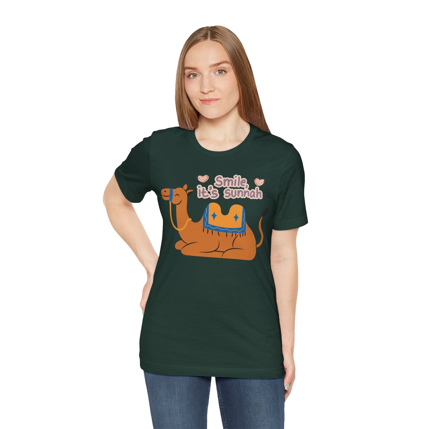 Smile Its Sunnah Typographic Tee T-Shirt - Cute Camel Smiling Cozy Soft Cotton Unisex Tee