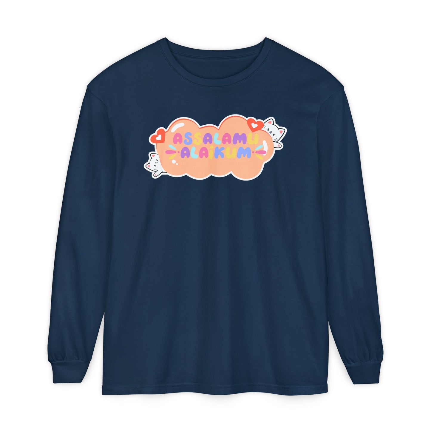 Assalamualaikum Typographic Long Sleeve Tee T-Shirt - Cute Cat Lover Graphic Cozy Soft Cotton Unisex Long Sleeve Tee