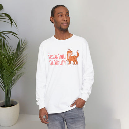 Assalamualaikum Typographic Long Sleeve Tee T-Shirt - Cute Cat Smug Graphic Cozy Soft Cotton Unisex Long Sleeve Tee