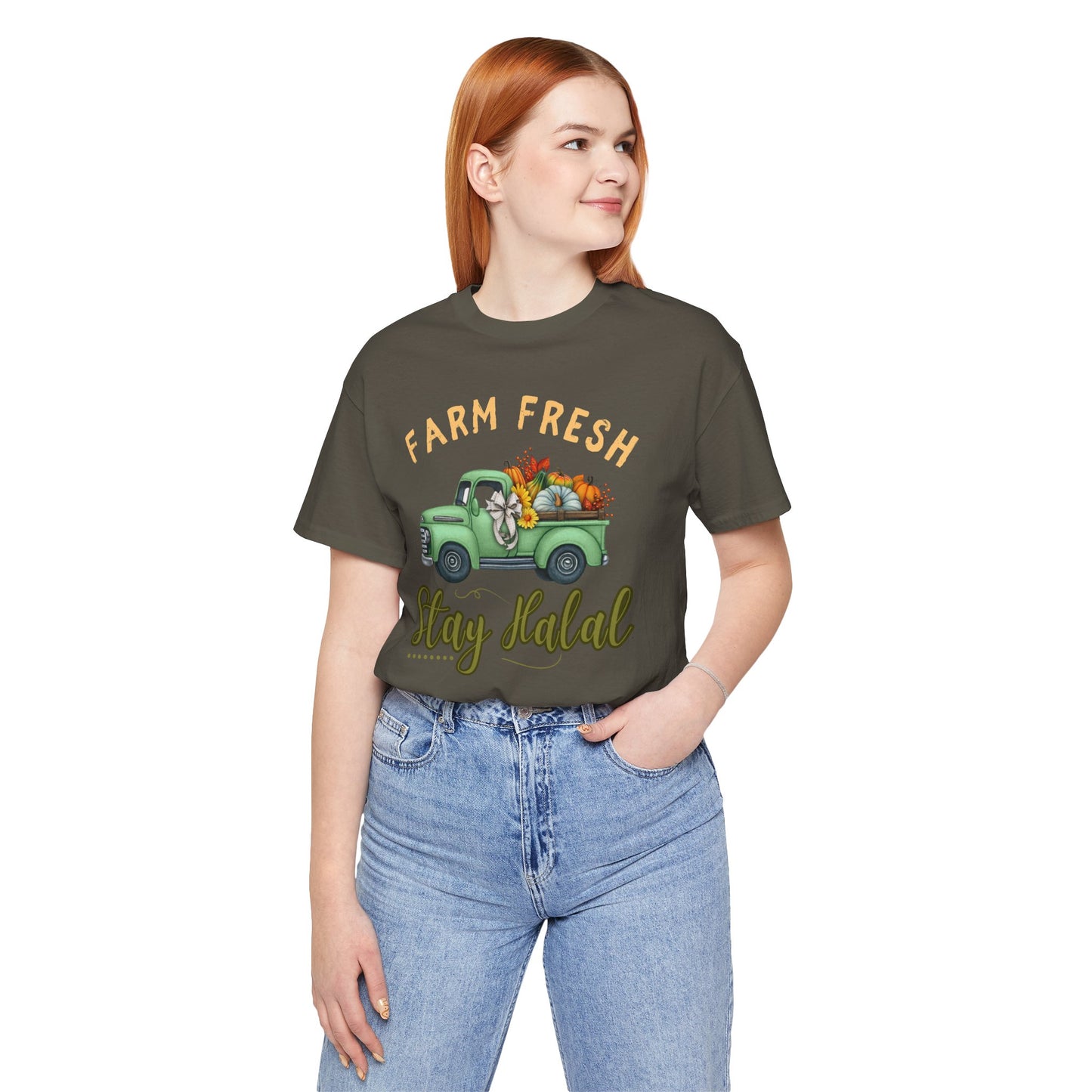 Farm Fresh Stay Halal Graphic Tee T-Shirt - Soft Cozy Cute Pumpkin Truck Graphic Unisex Tee