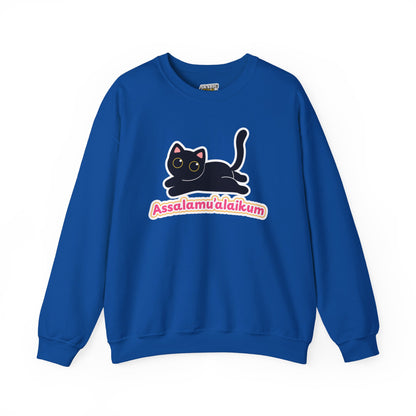 Assalamualaikum Typographic Sweatshirt - Cute Black Cat Graphic Cozy Soft Cotton Unisex Sweatshirt