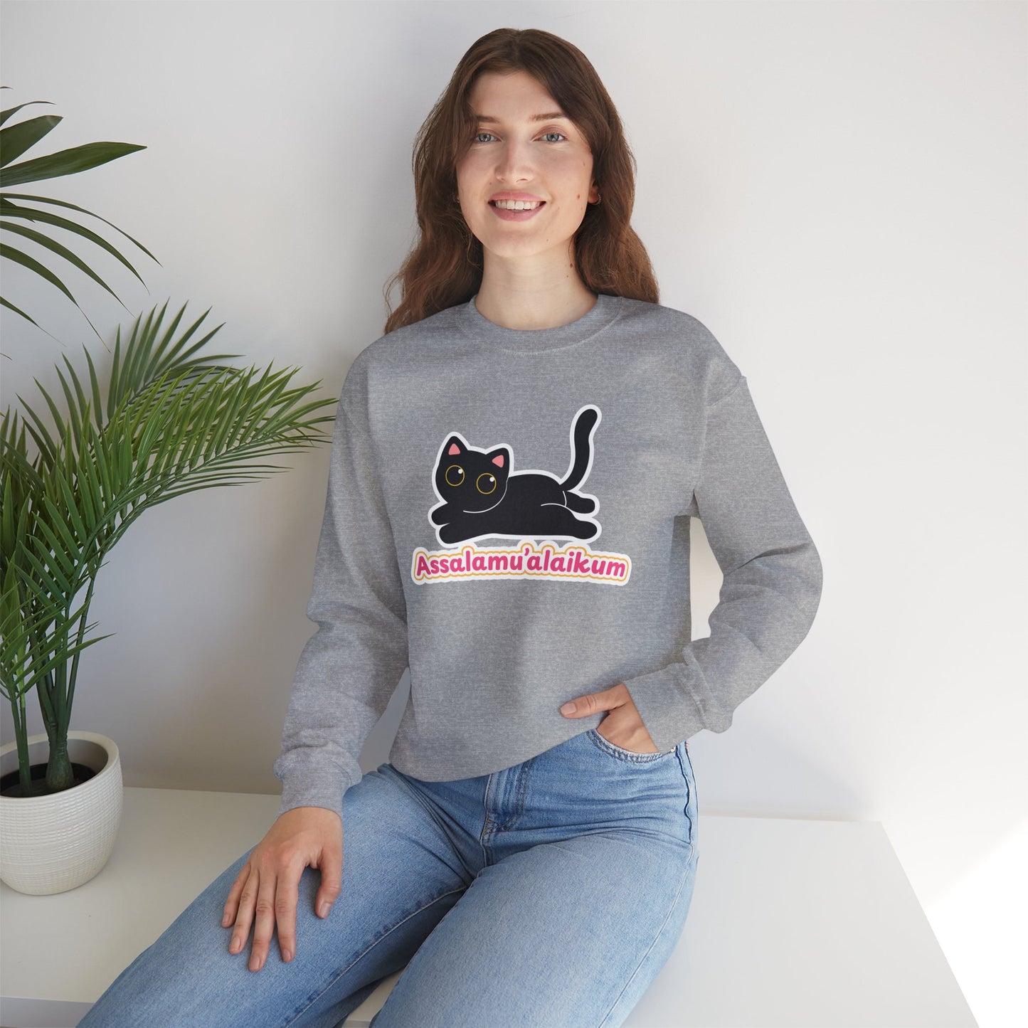 Assalamualaikum Typographic Sweatshirt - Cute Black Cat Graphic Cozy Soft Cotton Unisex Sweatshirt