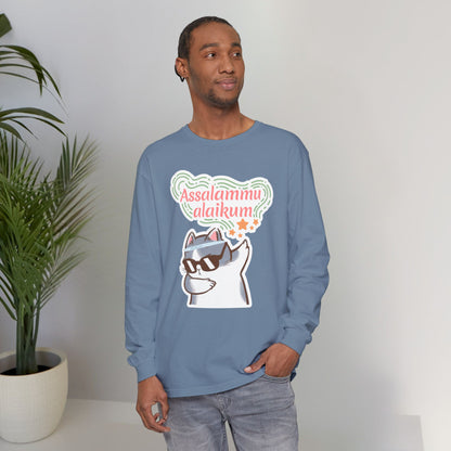 Assalamualaikum Typographic Long Sleeve Tee T-Shirt - Cat Sunglasses Graphic Cozy Soft Cotton Unisex Long Sleeve Tee
