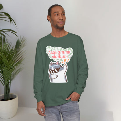 Assalamualaikum Typographic Long Sleeve Tee T-Shirt - Cat Sunglasses Graphic Cozy Soft Cotton Unisex Long Sleeve Tee