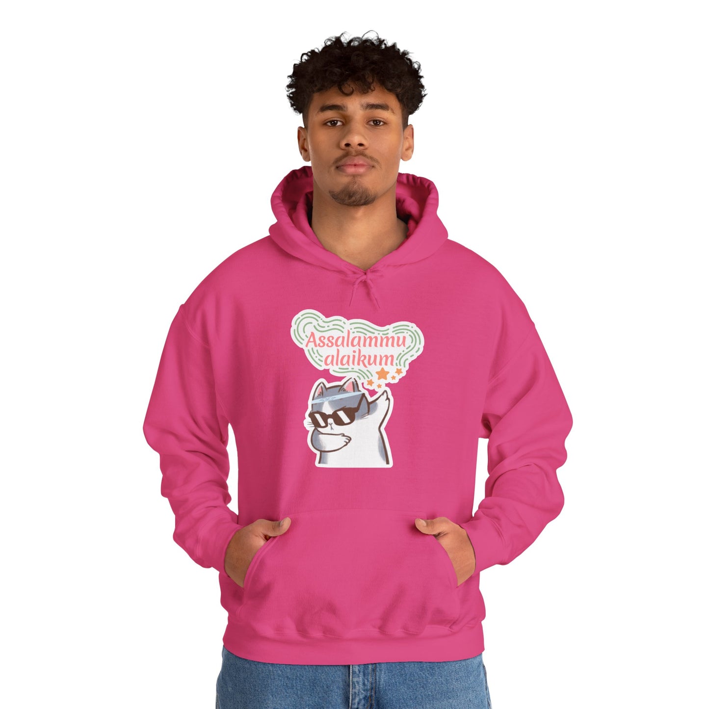 Assalamualaikum Typographic Hoodie - Cat Sunglasses Graphic Cozy Soft Cotton Unisex Hoodie