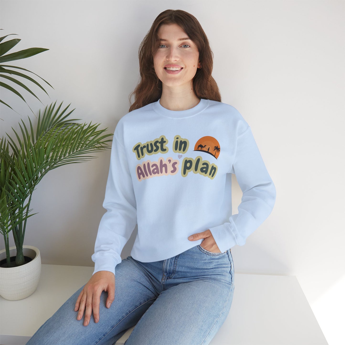Trust in Allah's Plan Typographic Sweatshirt - Camel Travel in Desert Cozy Soft Cotton Unisex Sweatshirt