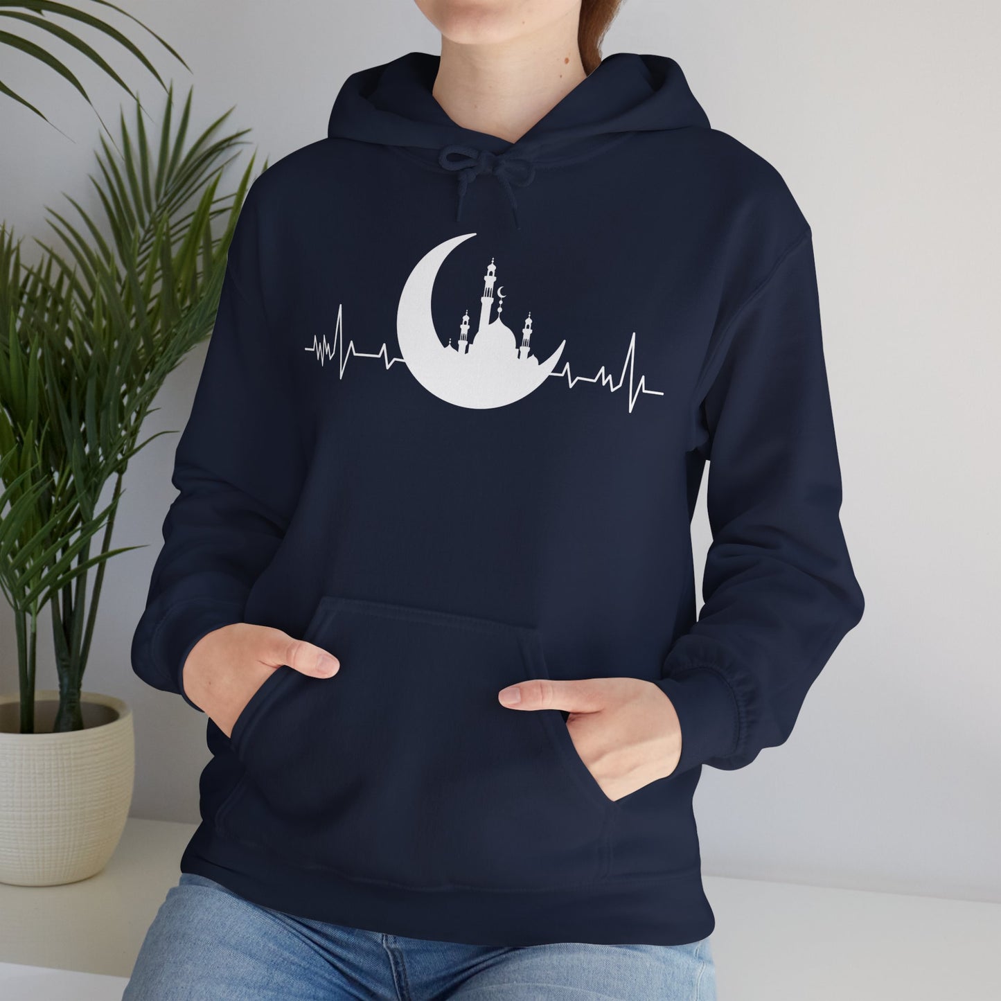 Moonlit Heartbeat Crescent Mosque Graphic Hoodie - Cozy Soft Cotton Graphic Unisex Hoodie
