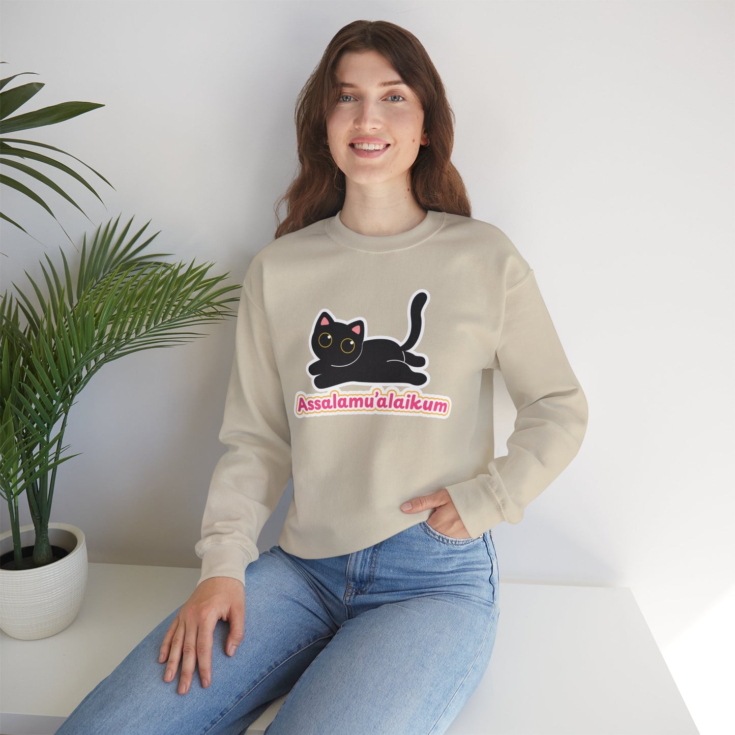 Assalamualaikum Typographic Sweatshirt - Cute Black Cat Graphic Cozy Soft Cotton Unisex Sweatshirt