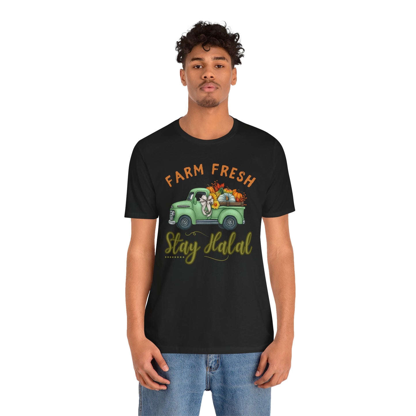 Farm Fresh Stay Halal Graphic Tee T-Shirt - Soft Cozy Cute Pumpkin Truck Graphic Unisex Tee