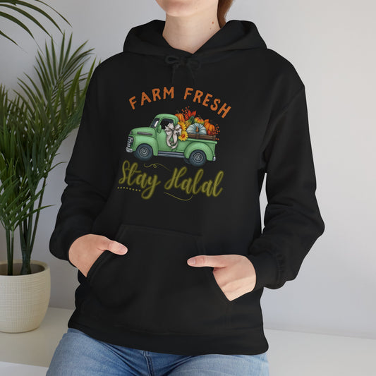Farm Fresh Stay Halal Graphic Hoodie - Soft Cozy Cute Pumpkin Truck Graphic Unisex Hoodie