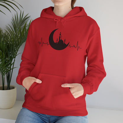 Moonlit Heartbeat Crescent Mosque Graphic Hoodie - Cozy Soft Cotton Graphic Unisex Hoodie