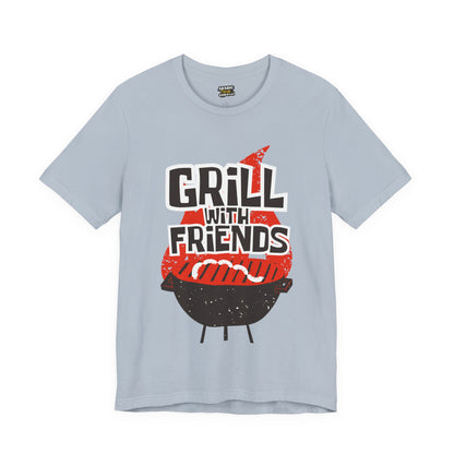 Grill with Friends Typographic Tee T-Shirt - Cozy Soft Cotton Unisex Sausage Graphic Tee T-Shirt