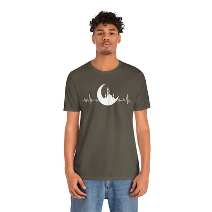 Moonlit Heartbeat Crescent Mosque Graphic Tee T-Shirt - Cozy Soft Cotton Graphic Unisex Tee