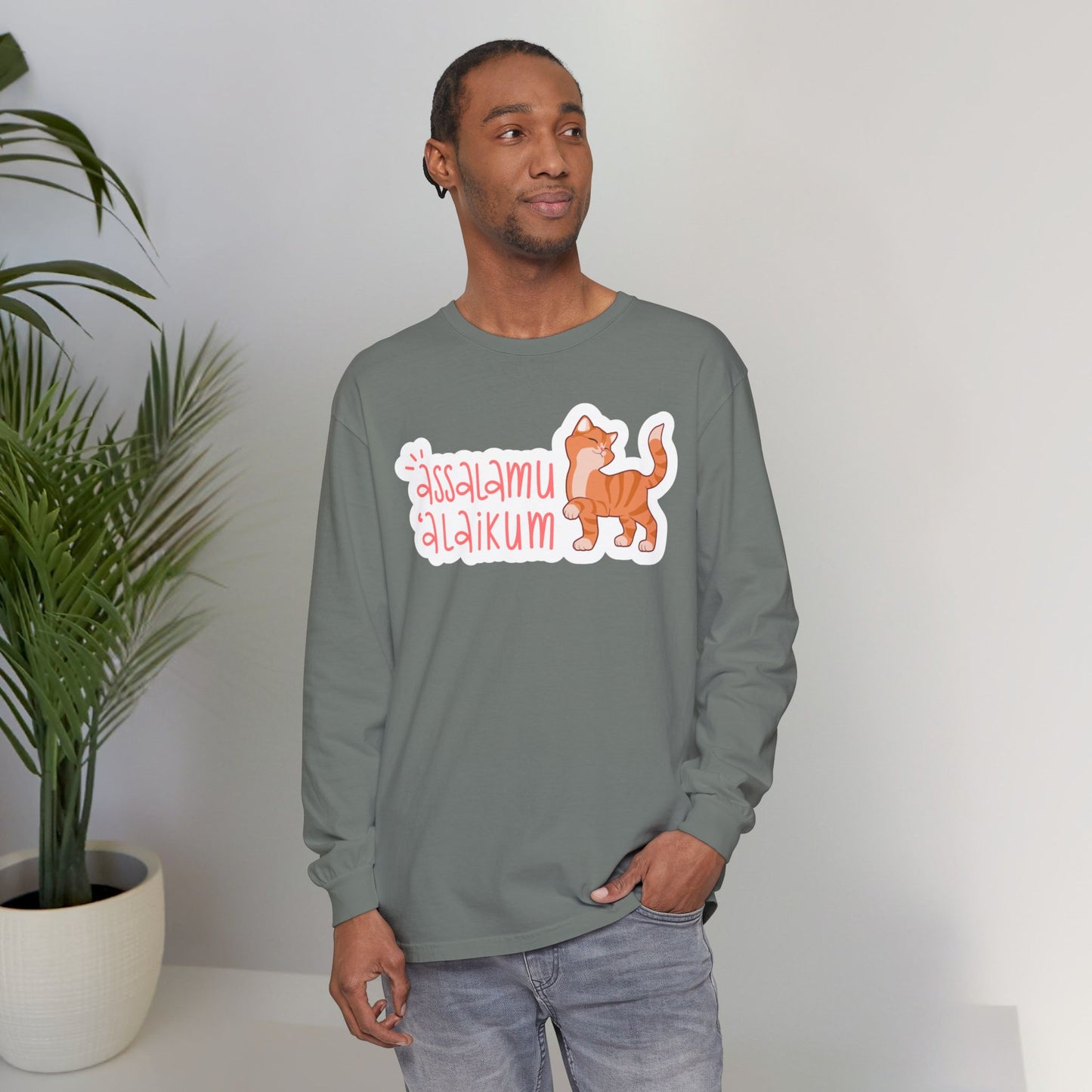 Assalamualaikum Typographic Long Sleeve Tee T-Shirt - Cute Cat Smug Graphic Cozy Soft Cotton Unisex Long Sleeve Tee