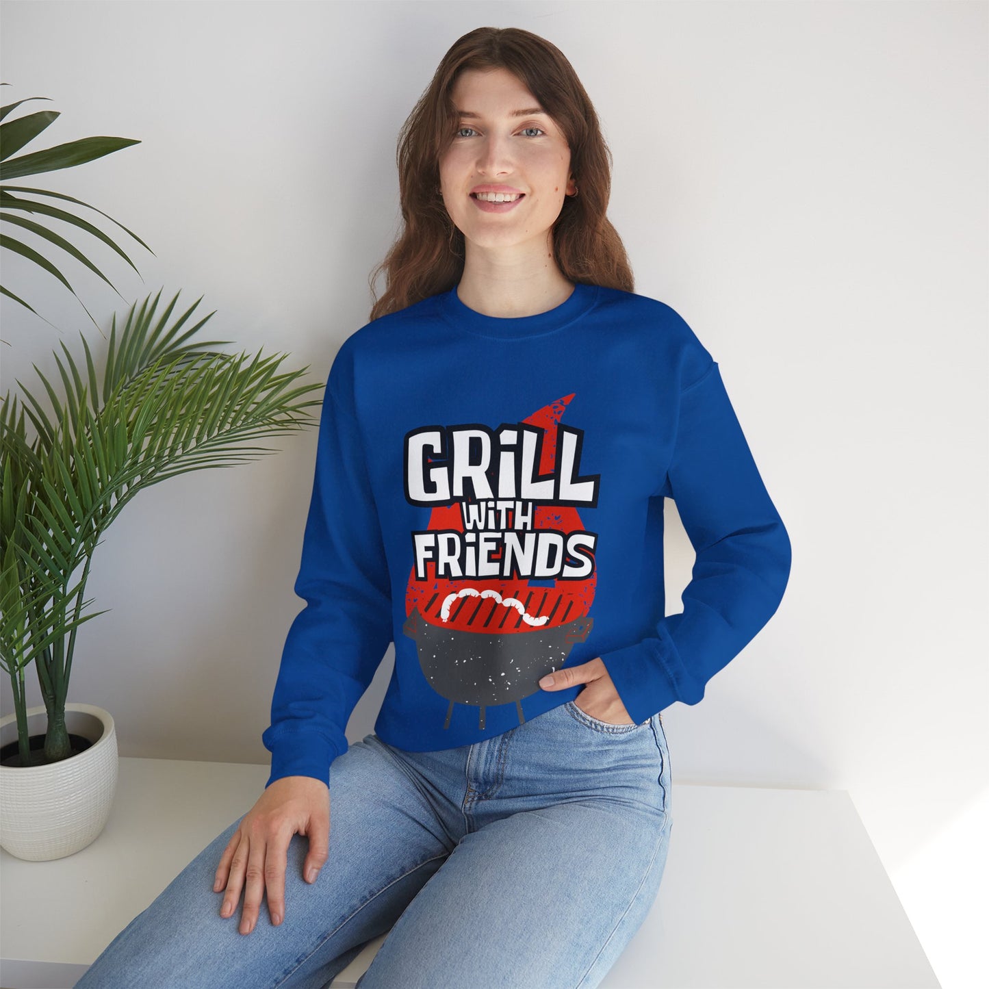 Grill with Friends Typographic Sweatshirt - Cozy Soft Cotton Unisex Sausage Graphic Sweatshirt