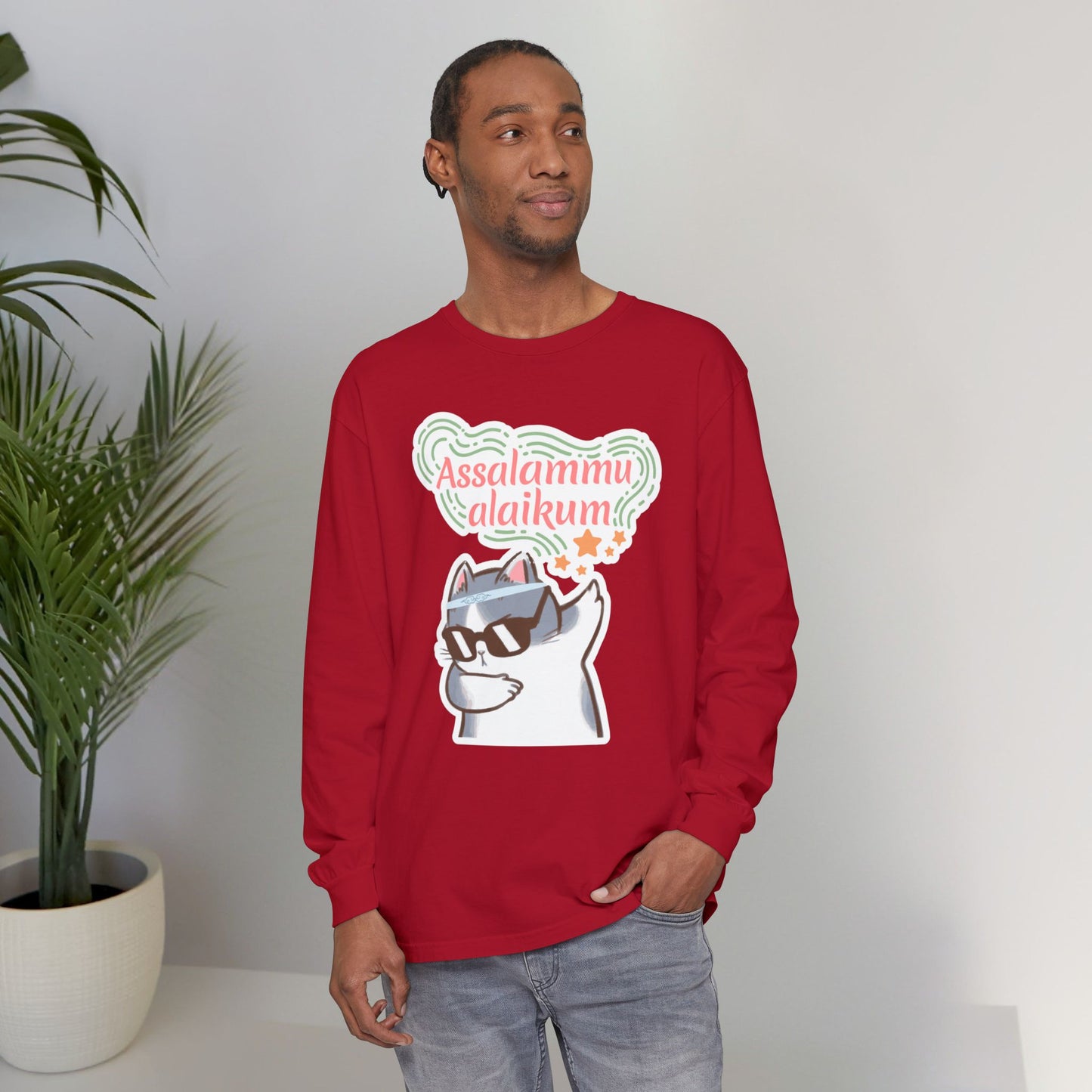 Assalamualaikum Typographic Long Sleeve Tee T-Shirt - Cat Sunglasses Graphic Cozy Soft Cotton Unisex Long Sleeve Tee