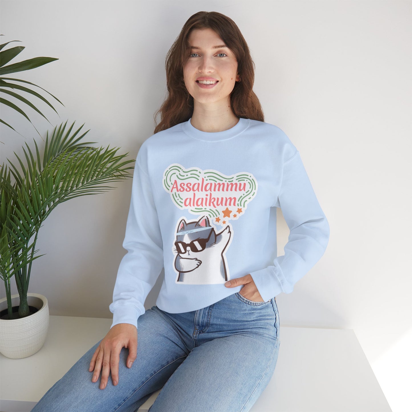 Assalamualaikum Typographic Sweatshirt - Cat Sunglasses Graphic Cozy Soft Cotton Unisex Sweatshirt