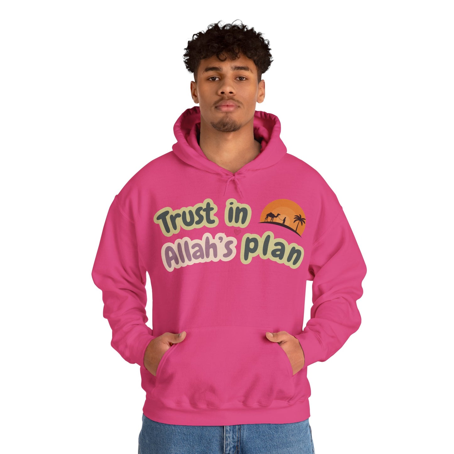 Trust in Allah's Plan Typographic Hoodie - Camel Travel in Desert Cozy Soft Cotton Unisex Hoodie