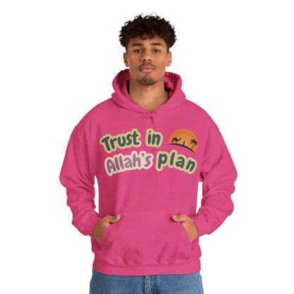 Trust in Allah's Plan Typographic Hoodie - Camel Travel in Desert Cozy Soft Cotton Unisex Hoodie