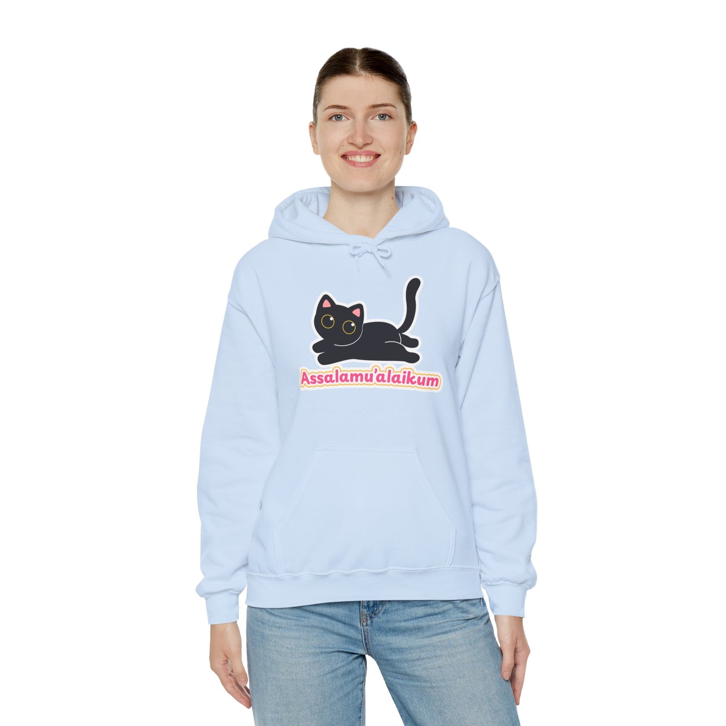 Assalamualaikum Typographic Hoodie - Cute Black Cat Graphic Cozy Soft Cotton Unisex Hoodie