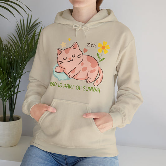 Nap Is Part Of Sunnah Typographic Hoodie - Chubby Sleeping Cat Cozy Soft Cotton Unisex Hoodie