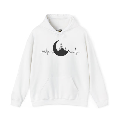 Moonlit Heartbeat Crescent Mosque Graphic Hoodie - Cozy Soft Cotton Graphic Unisex Hoodie