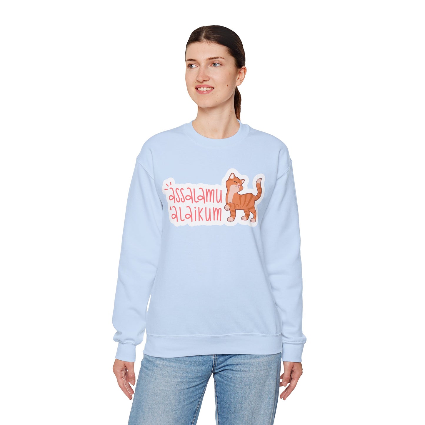 Assalamualaikum Typographic Sweatshirt - Cute Cat Smug Graphic Cozy Soft Cotton Unisex Sweatshirt
