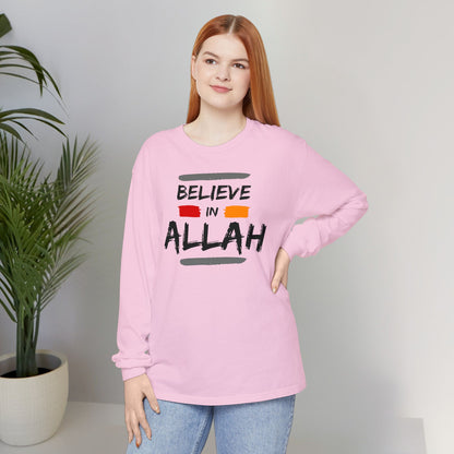 Believe in Allah Typographic Long Sleeve Tee T-Shirt - Cozy Soft Cotton Unisex Statement Long Sleeve Tee