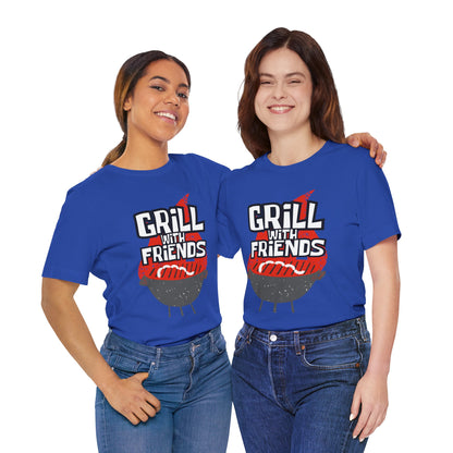 Grill with Friends Typographic Tee T-Shirt - Cozy Soft Cotton Unisex Sausage Graphic Tee T-Shirt