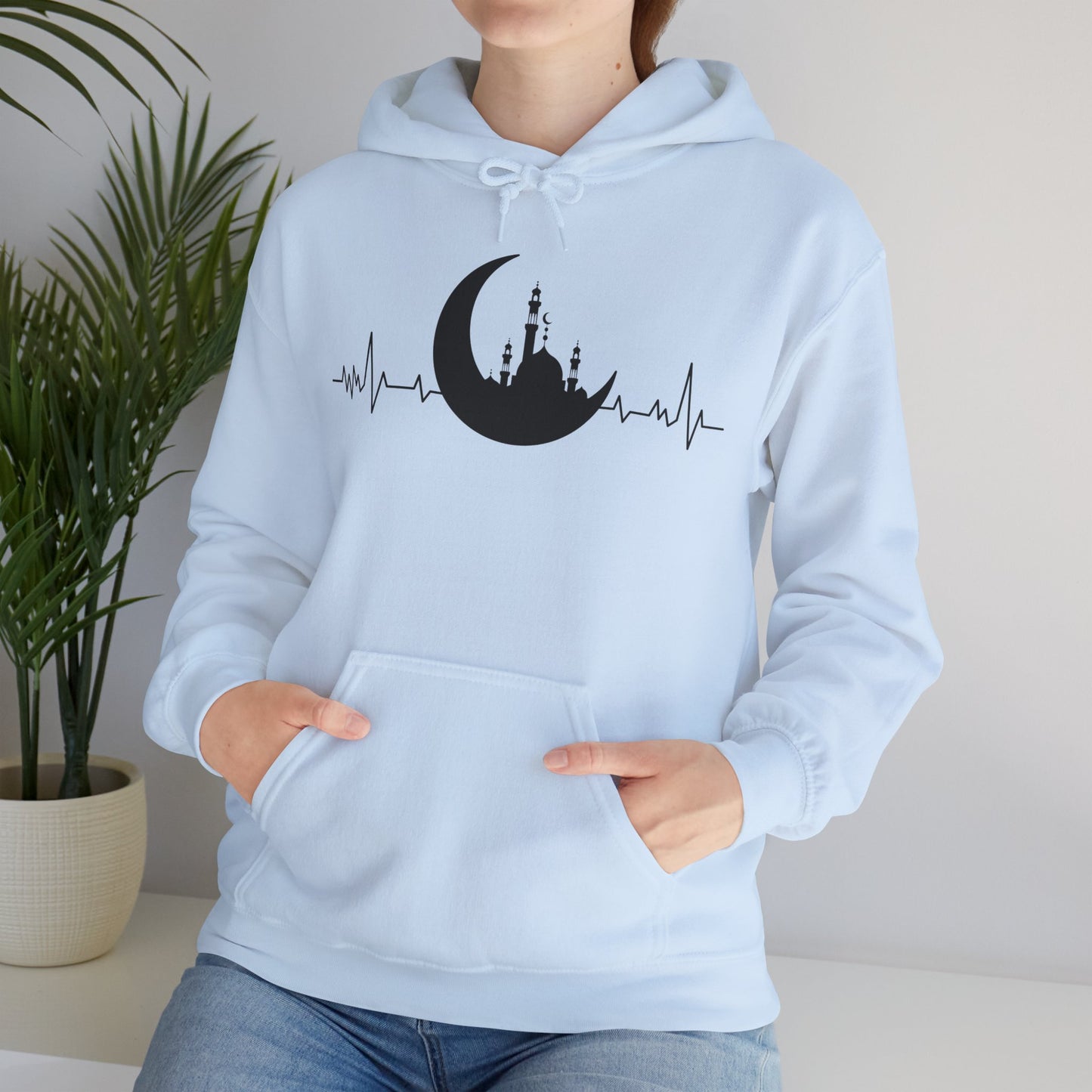 Moonlit Heartbeat Crescent Mosque Graphic Hoodie - Cozy Soft Cotton Graphic Unisex Hoodie