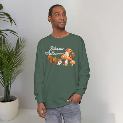 Salam Autumn Cute Hedgehog Mushroom Graphic Long-Sleeve Tee T-Shirt - Cozy Autumn Cute Hedgehog Mushroom Graphic Unisex Long-Sleeve Tee