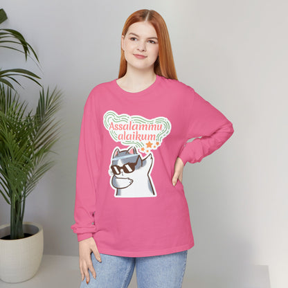 Assalamualaikum Typographic Long Sleeve Tee T-Shirt - Cat Sunglasses Graphic Cozy Soft Cotton Unisex Long Sleeve Tee