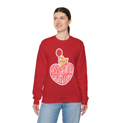 Assalamualaikum Typographic Sweatshirt - Cute Cat Heart Balloon Graphic Cozy Soft Cotton Unisex Sweatshirt