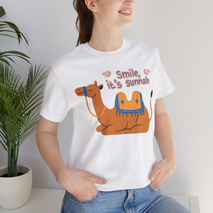 Smile Its Sunnah Typographic Tee T-Shirt - Cute Camel Smiling Cozy Soft Cotton Unisex Tee