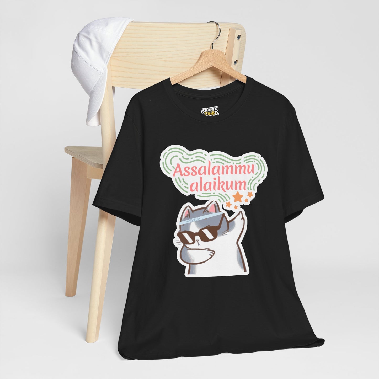 Assalamualaikum Typographic Tee T-Shirt - Cat Sunglasses Graphic Cozy Soft Cotton Unisex Tee