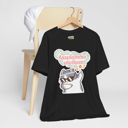 Assalamualaikum Typographic Tee T-Shirt - Cat Sunglasses Graphic Cozy Soft Cotton Unisex Tee