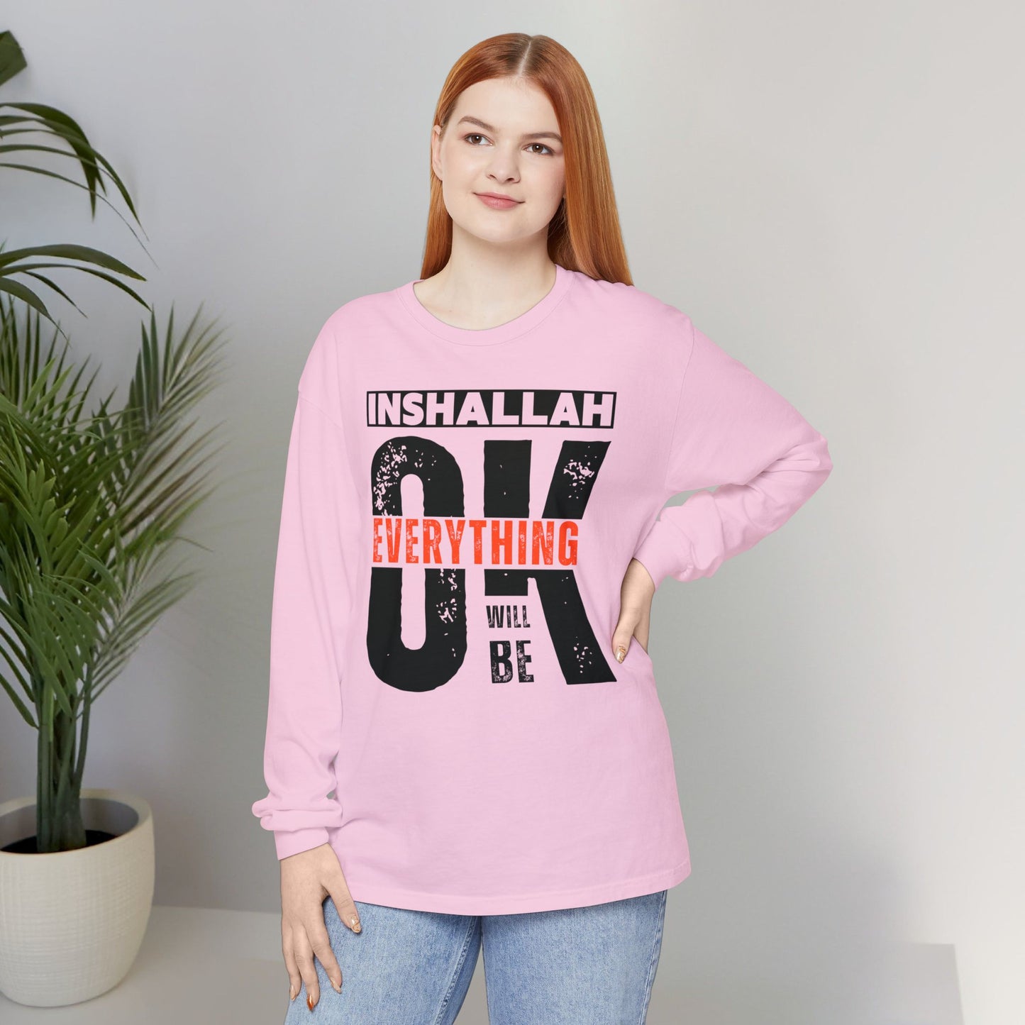 Inshallah Everything OK Typographic Long Sleeve Tee T-Shirt - Cozy Soft Cotton Unisex Long Sleeve Tee