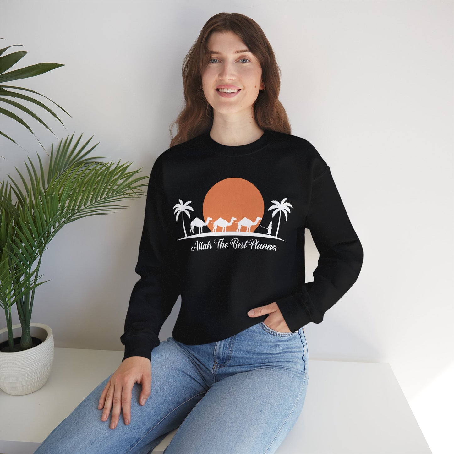 Allah Is The Best Planner Typographic Sweatshirt - Camel Travel in Desert Cozy Soft Cotton Unisex Sweatshirt
