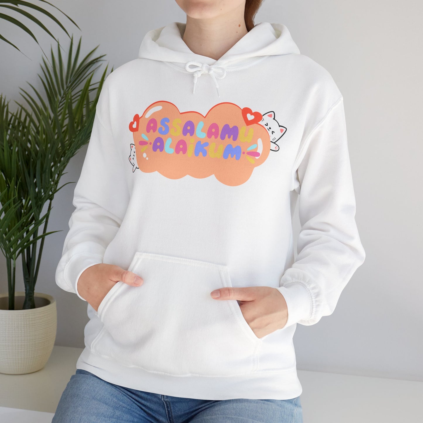 Assalamualaikum Typographic Hoodie - Cute Cat Lover Graphic Cozy Soft Cotton Unisex Hoodie