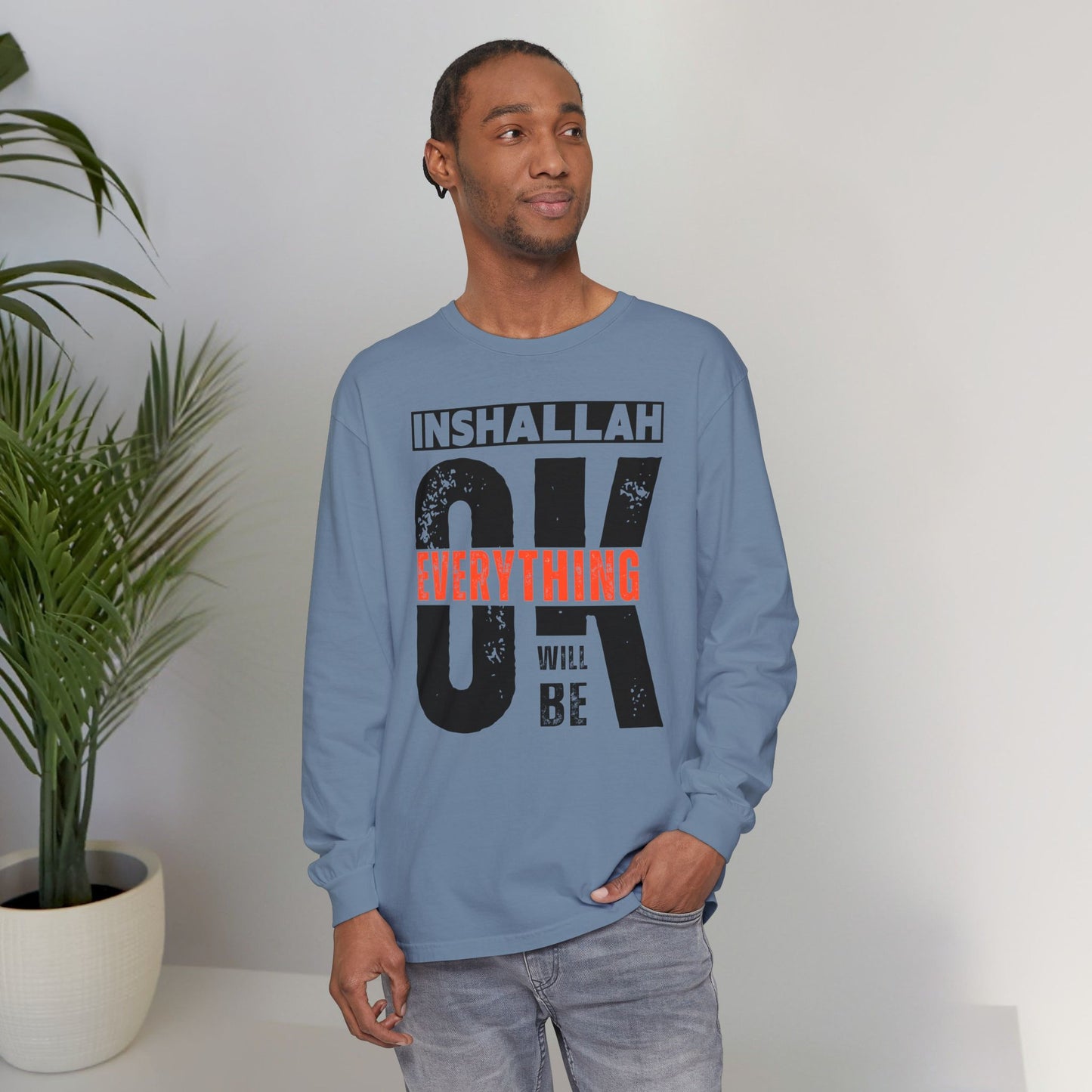 Inshallah Everything OK Typographic Long Sleeve Tee T-Shirt - Cozy Soft Cotton Unisex Long Sleeve Tee