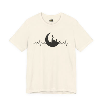 Moonlit Heartbeat Crescent Mosque Graphic Tee T-Shirt - Cozy Soft Cotton Graphic Unisex Tee