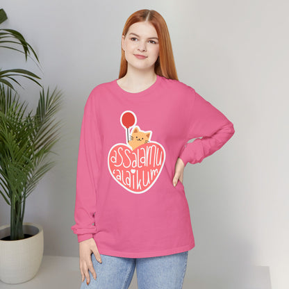 Assalamualaikum Typographic Long Sleeve Tee T-Shirt - Cute Cat Heart Balloon Graphic Cozy Soft Cotton Unisex Long Sleeve Tee