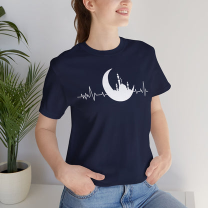 Moonlit Heartbeat Crescent Mosque Graphic Tee T-Shirt - Cozy Soft Cotton Graphic Unisex Tee