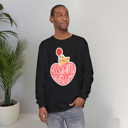 Assalamualaikum Typographic Long Sleeve Tee T-Shirt - Cute Cat Heart Balloon Graphic Cozy Soft Cotton Unisex Long Sleeve Tee